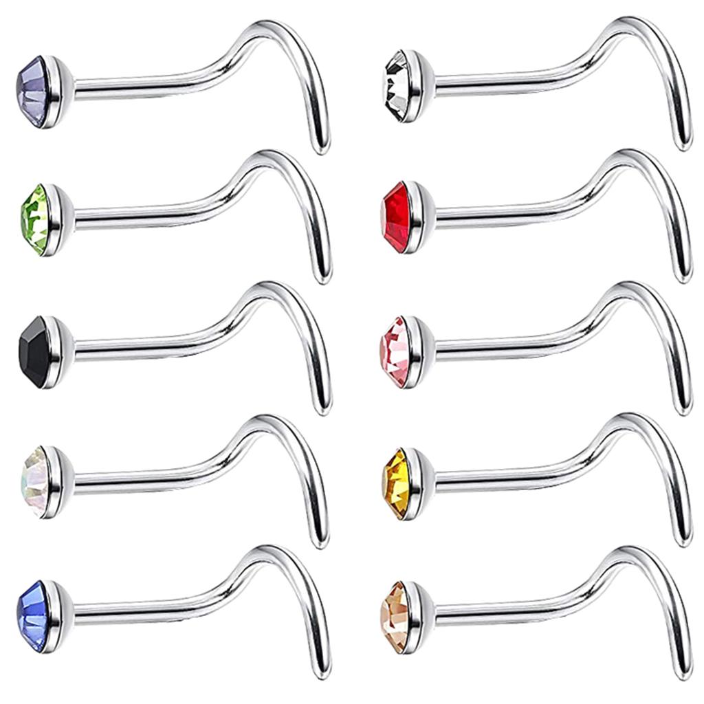 10pcs Nose Studs Rings Rhinestone Stainless Steel Body Piercing Rings