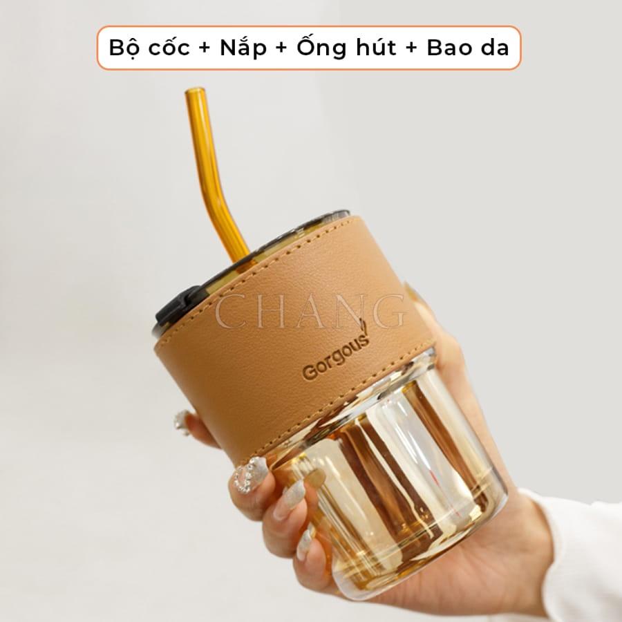 Cốc Uống Nước Có Ống Hút, Ly Thuỷ Tinh Vỏ Da Có Nắp Và Ống Hút Dung Tích 420ML Và 450Ml Chịu Nhiệt -10 độ C đến 110 độ C
