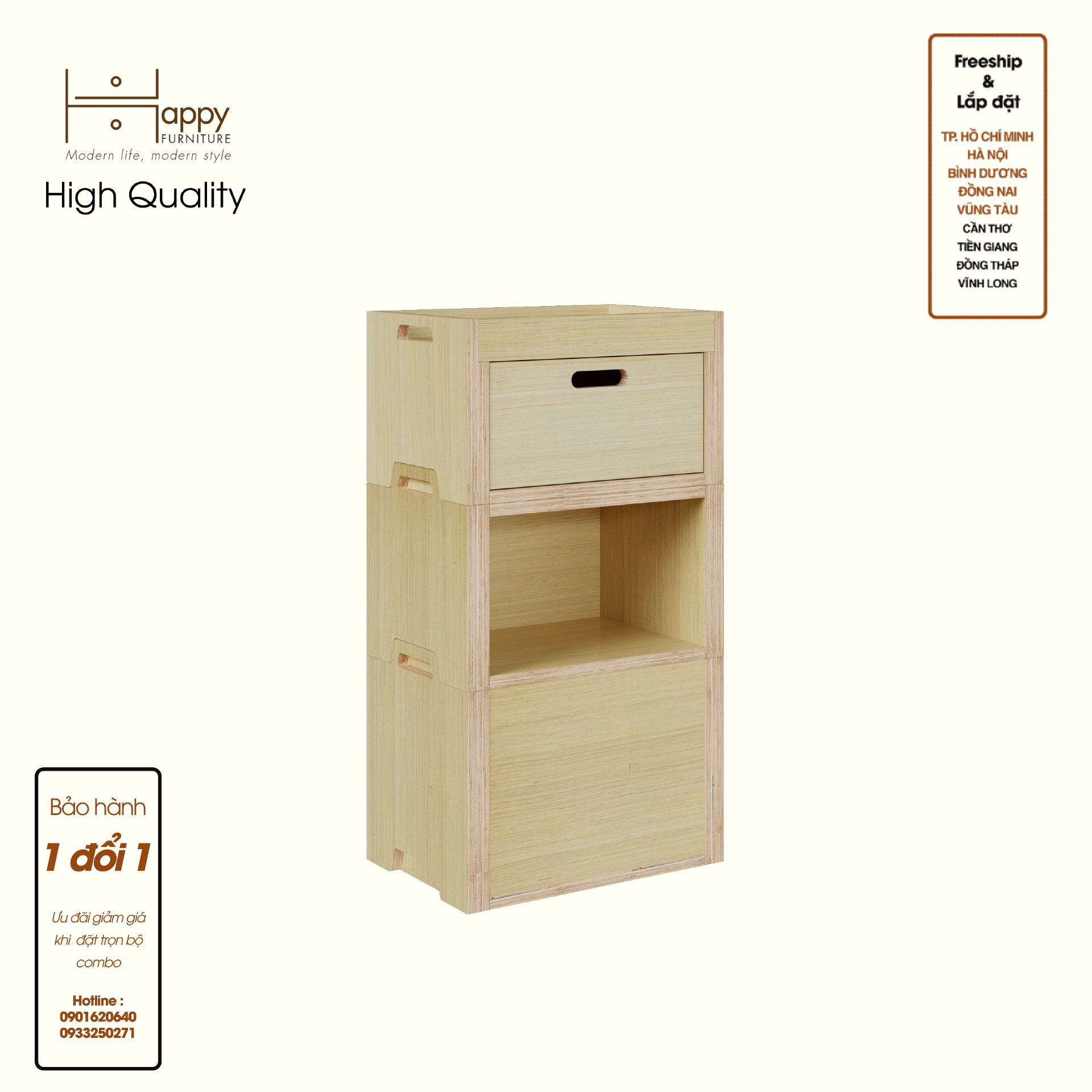 HAPPY FURNITURE , Gỗ tự nhiên , Tủ lưu trữ 3 tầng 1 ngăn kéo gỗ Plywood - GAMOR , TLT_035 , 45cm x 30cm x 83cm DxRxC