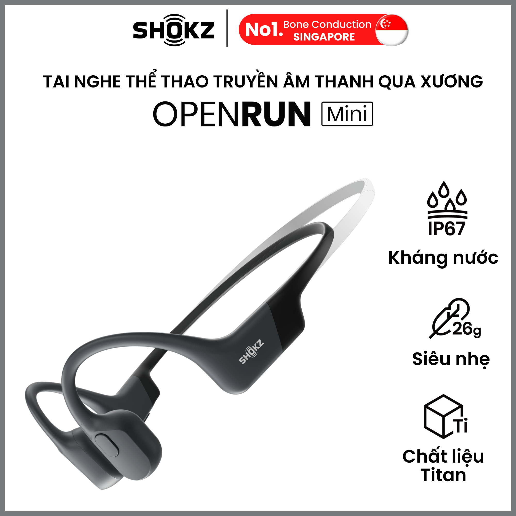 Tai Nghe Bluetooth Thể Thao Dẫn Truyền Âm Thanh Qua Xương SHOKZ OPEN RUN MINI S803 Màu Đen - Hàng Chính Hãng