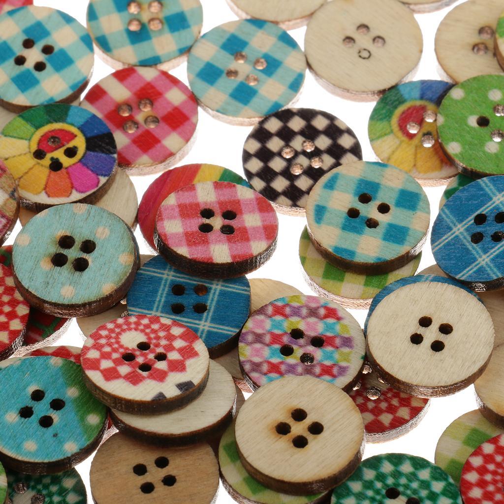 100 Pieces 15mm Colorful Mixed Pattern Round 2 Holes Wood Buttons for DIY Sewing
