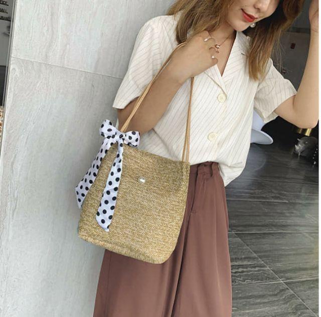 Túi cói summer thắt nơ bi