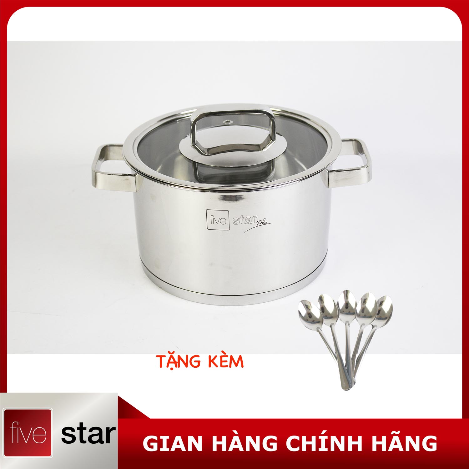 Nồi thân cao 3 đáy inox 304 Fivestar Plus bếp từ quai vuông nắp kính , tặng 5 muỗng ăn