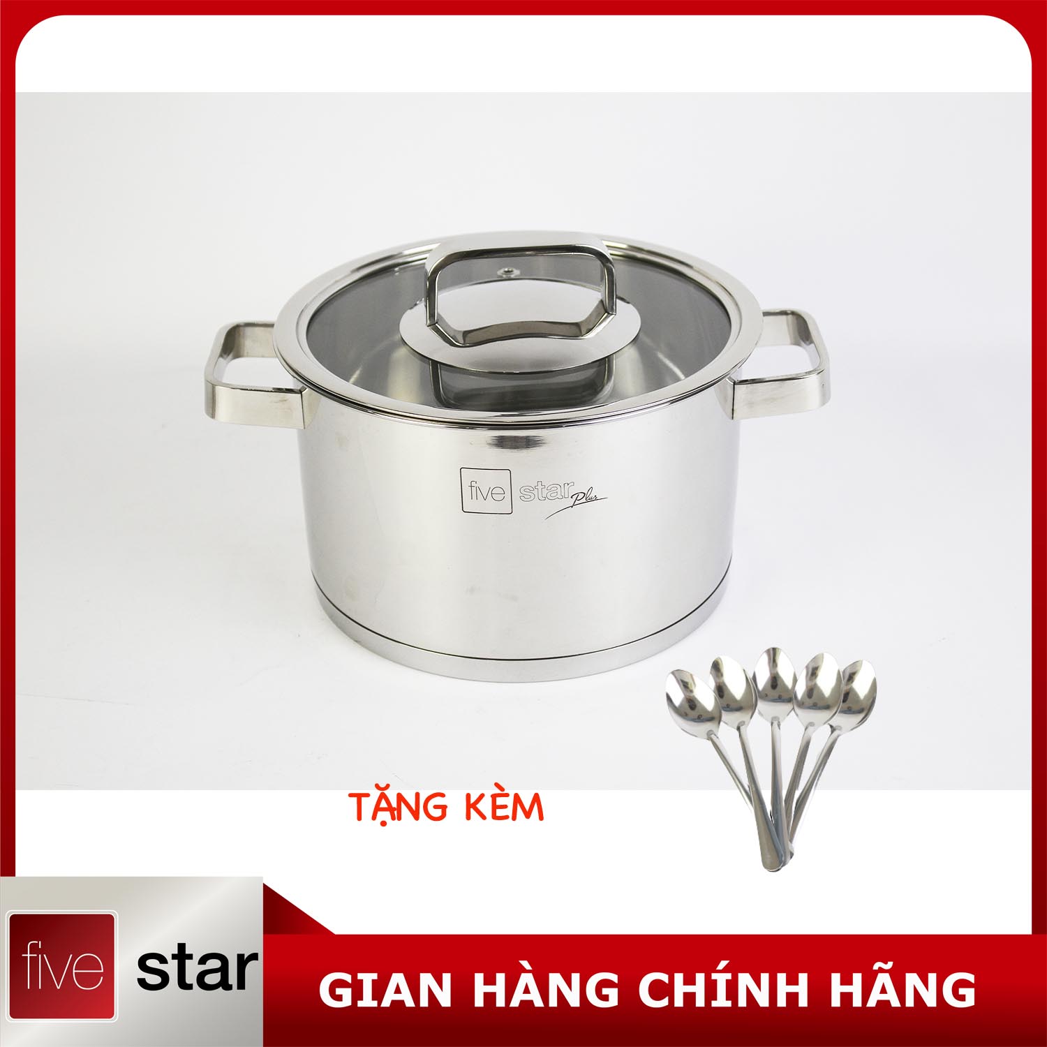 Nồi thân cao 3 đáy inox 304 Fivestar Plus bếp từ quai vuông nắp kính ( 16cm / 18cm / 20cm / 24cm ), tặng 5 muỗng ăn