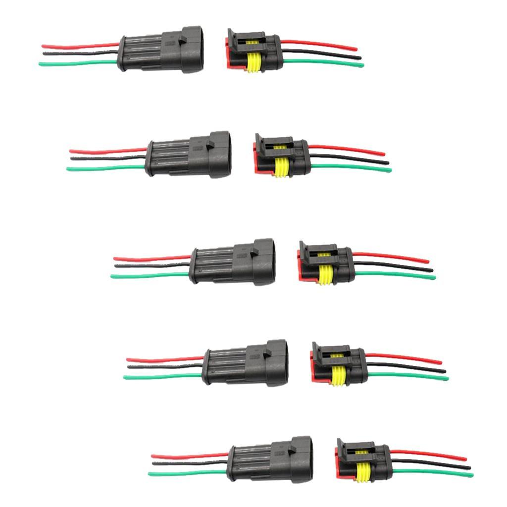Support 3 Pin Way Car Auto Waterproof Electrical Connector Plug Socket Kit with Wire AWG Gauge Marine Pack of 5
