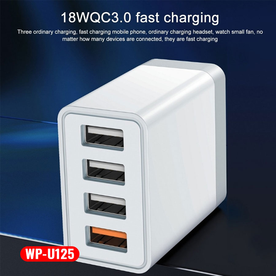 Cóc sạc nhanh 18WQC3.0 gồm 4 cổng ra USB Wekome WP-U125 [Hàng chính hãng]