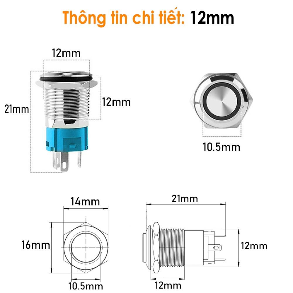 Công tắc Kim loại 12mm có LED, Nút nhấn Tự Khóa (3-6V, 12-24V, 110-220V)