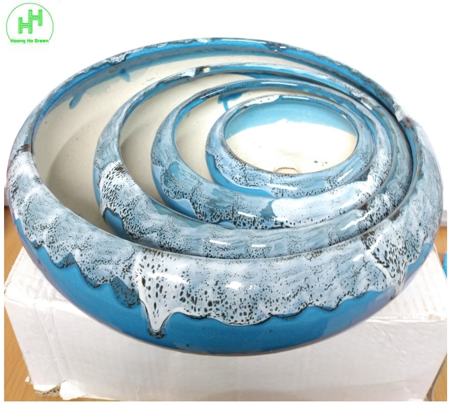 Bộ 4 Chậu gốm sứ BT trồng hoa, cây bonsai đủ kích thước, hoa văn độc đáo - Màu xanh ngọc bích