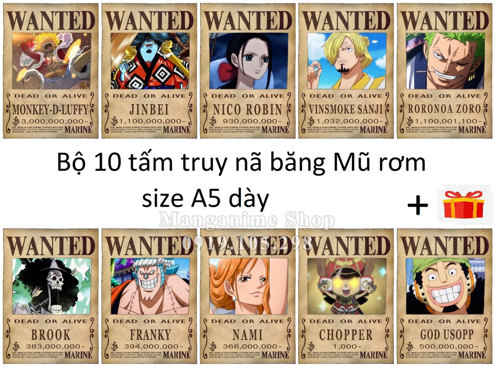 Bộ 10 tấm truy nã băng Mũ rơm - onepiece wanted poster size A4, A5, A6