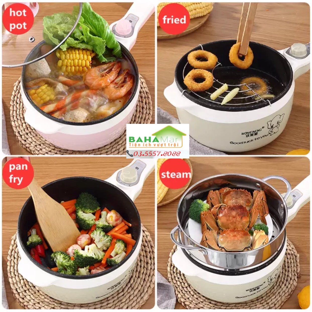 NỒI ĐIỆN ĐA NĂNG CHỐNG DÍNH "BAHAMAR" nấu cơm điện, lẩu điện, kho, và cả chiên rán rất tiện lợi, điện cắm từ tay cầm sáng tạo và đẹp