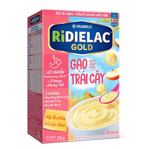 Combo 2 hộp BỘT ĂN DẶM  RIDIELAC GOLD GẠO TRÁI CÂY -  HỘP GIẤY 200G