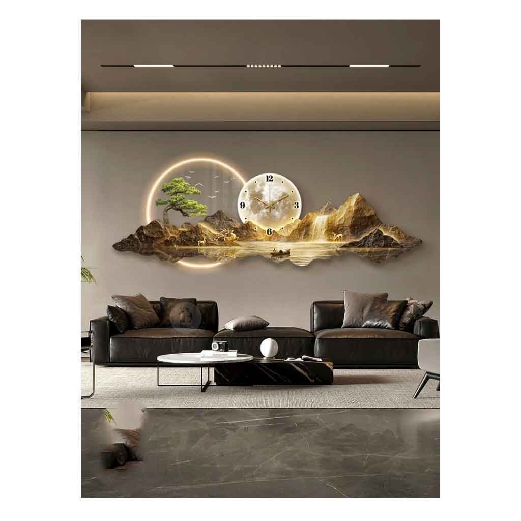 (ẢNH THẬT)Tranh đồng hồ đèn led tráng gương in uv cao cấp mặt mica bóng núi non hùng vĩ 4