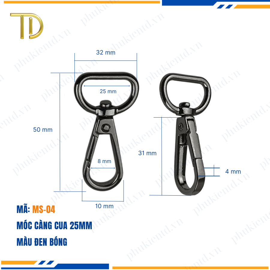Móc càng cua túi xách,móc khóa càng cua túi xách,móc chó túi xách 25mm Mạ điện bền 5-8 năm