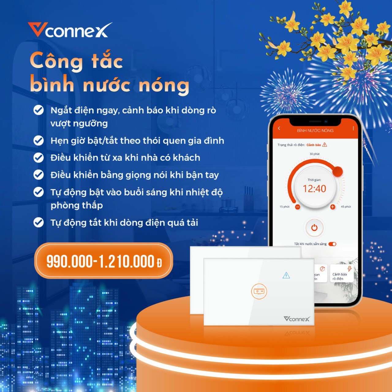 Công tắc thông minh chống giật cho bình nước nóng - Điều khiển từ xa - Kết nối wifi Vconnex