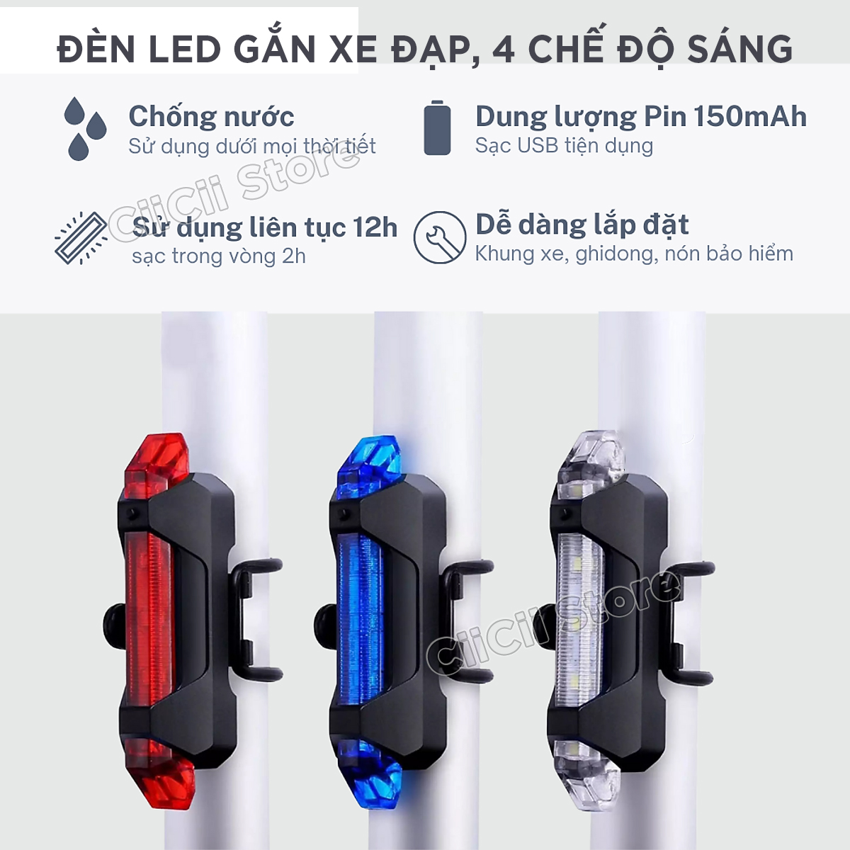 Đèn LED Gắn Xe Đạp 4 Chế Độ Sáng, Kèm Sạc USB, Hàng Nhập Khẩu