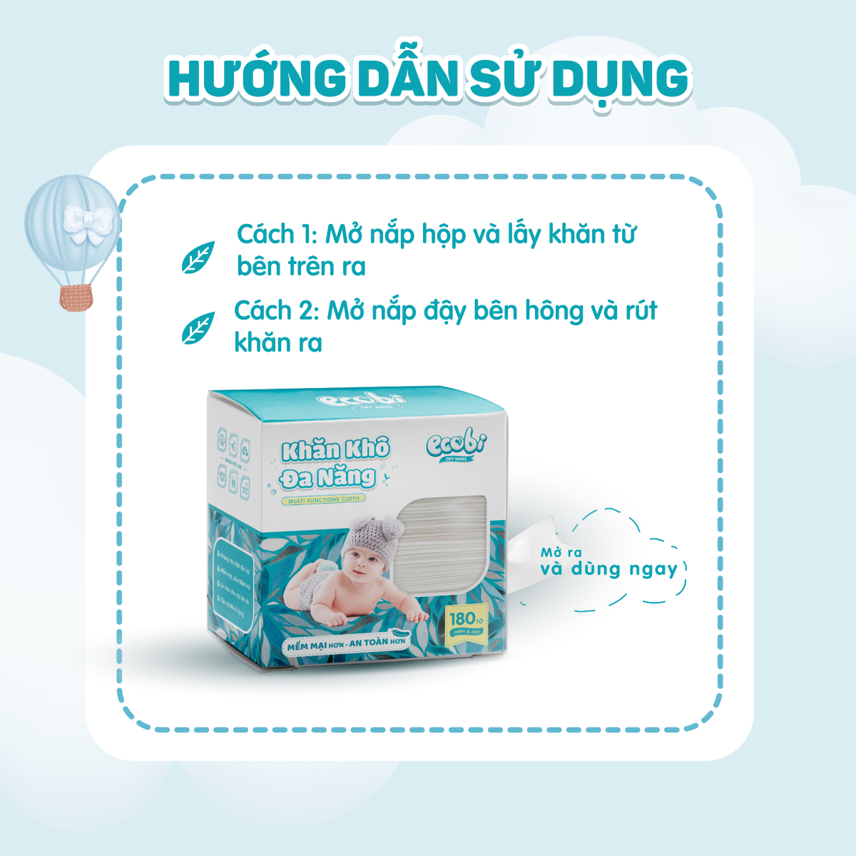 Khăn khô đa năng Ecobi hộp 180 tờ dùng thay khăn sữa an toàn cho trẻ sơ sinh