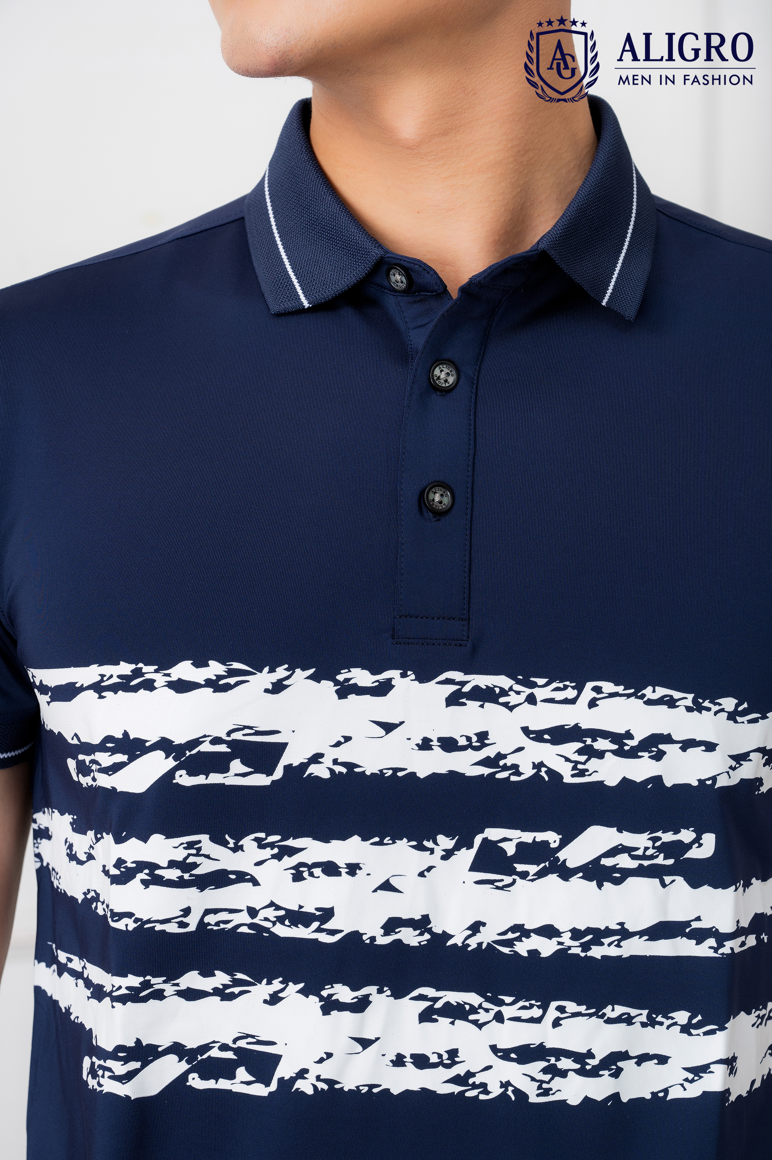 Áo Polo xanh navy phối kẻ ngang Aligro ALGPLO72