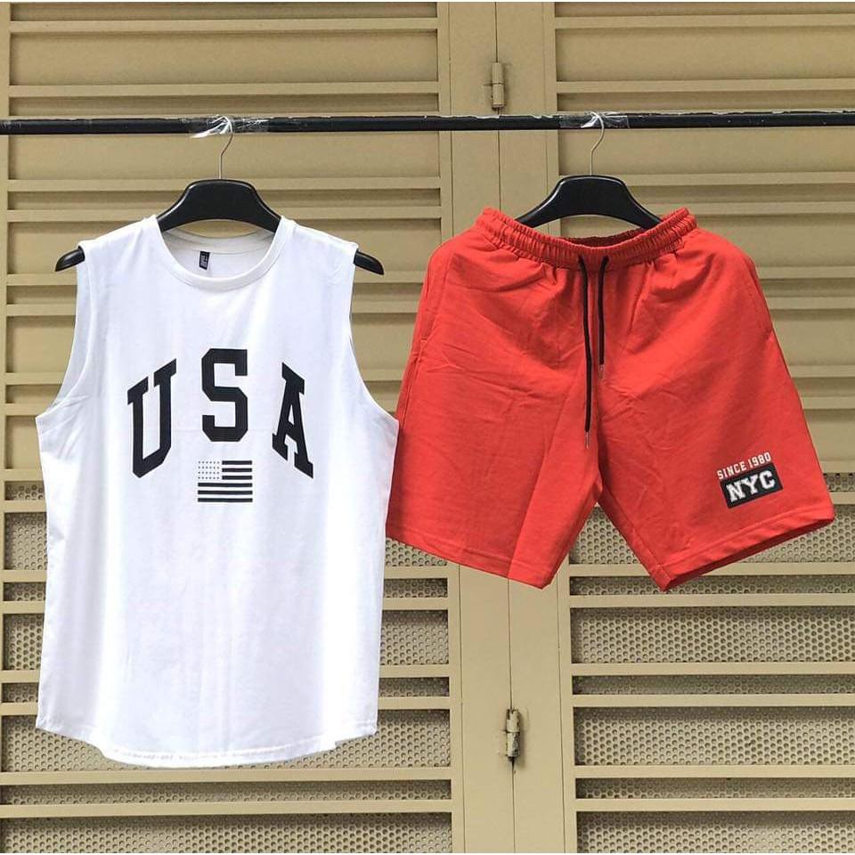 Set bộ đồ nam in chữ USAA chất thun cotton co giản 4 chiều thấm hút mồ hôi tốt