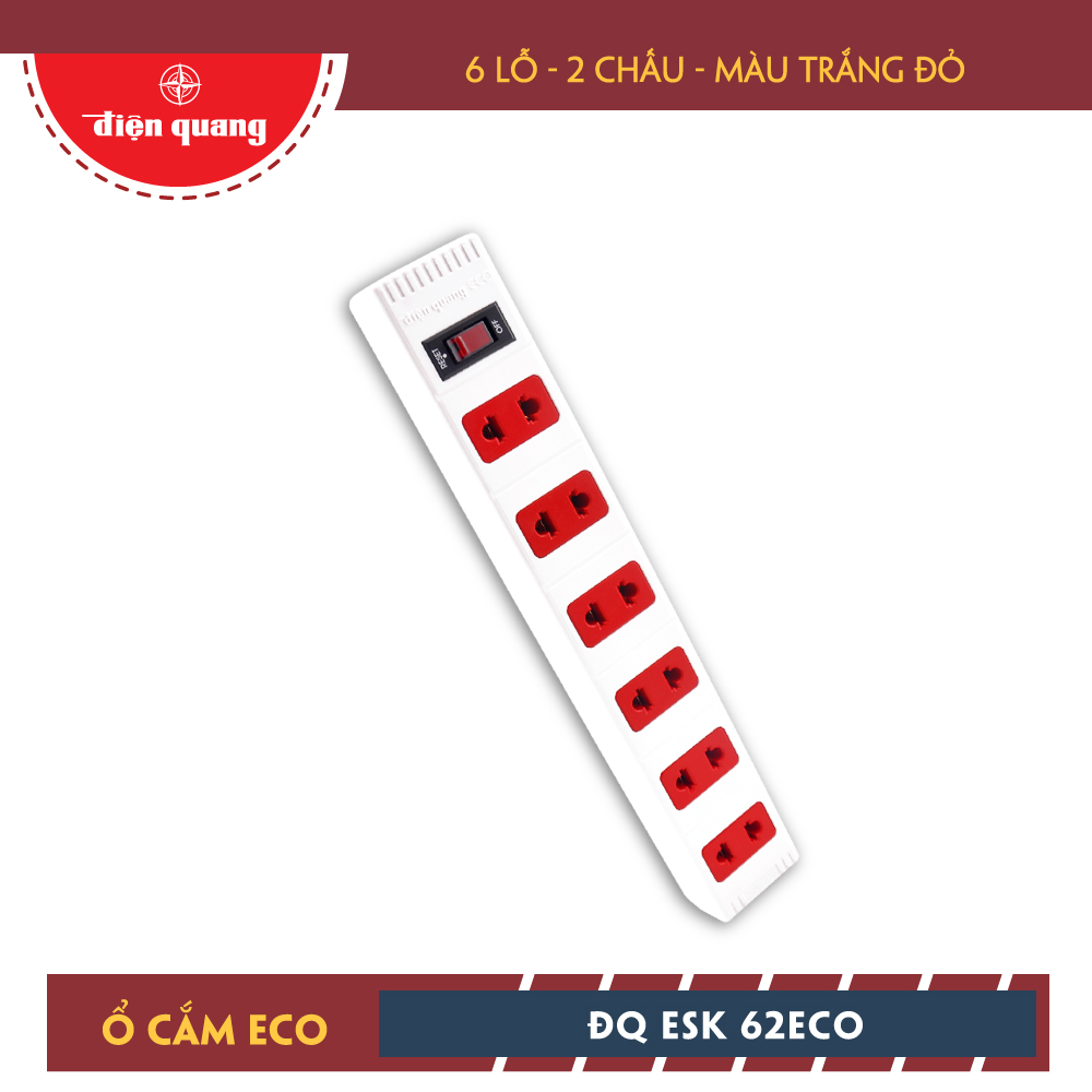 Ổ cắm Điện Quang ECO ĐQ ESK 5WR 62ECO (6 Lỗ 2 chấu, dây dài 5m, màu trắng đỏ)