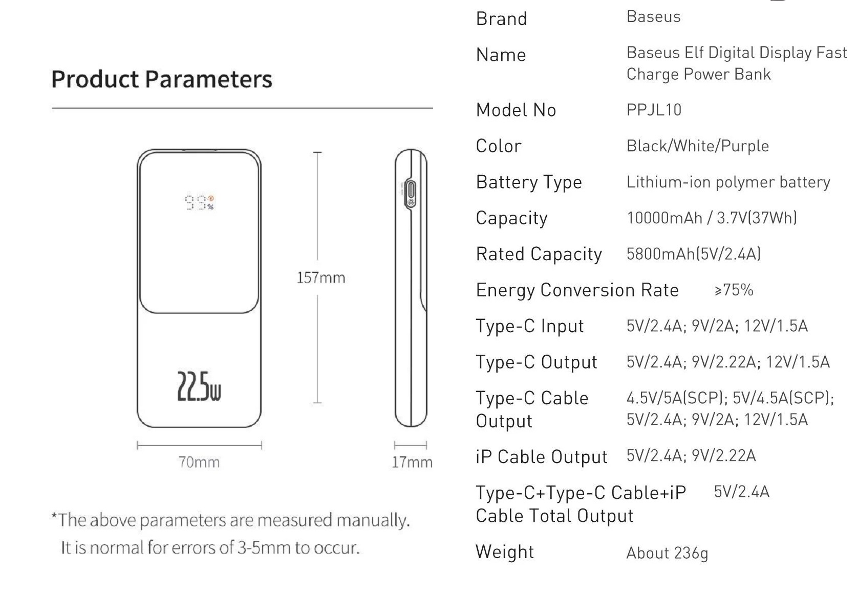 Pin dự phòng 10000mAh 22.5W tích hợp dây C + iP Baseus Elf Digital Display PPJL10 - Hàng chính hãng