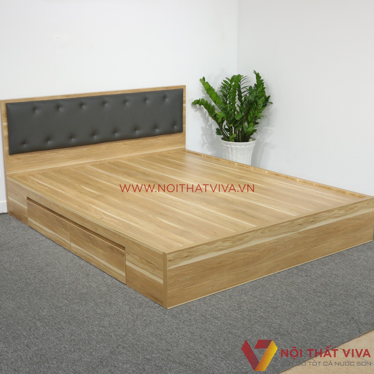 Giường Ngủ Gỗ MDF Melamine Vân Gỗ Vàng Sọc Có Hộc Kéo + Đầu Nệm Đen Đẹp