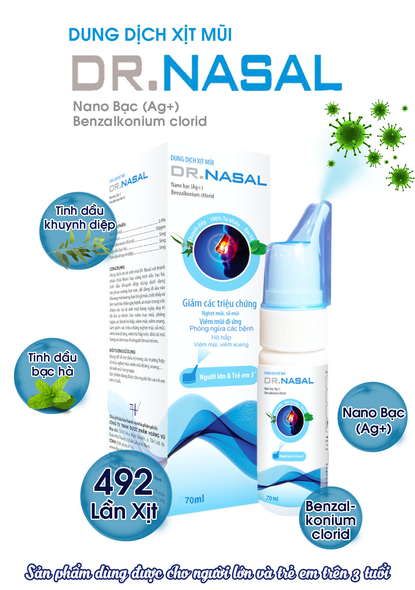 Dung dịch xịt mũi kháng khuẩn Dr. Nasal (xanh) Nano bạc