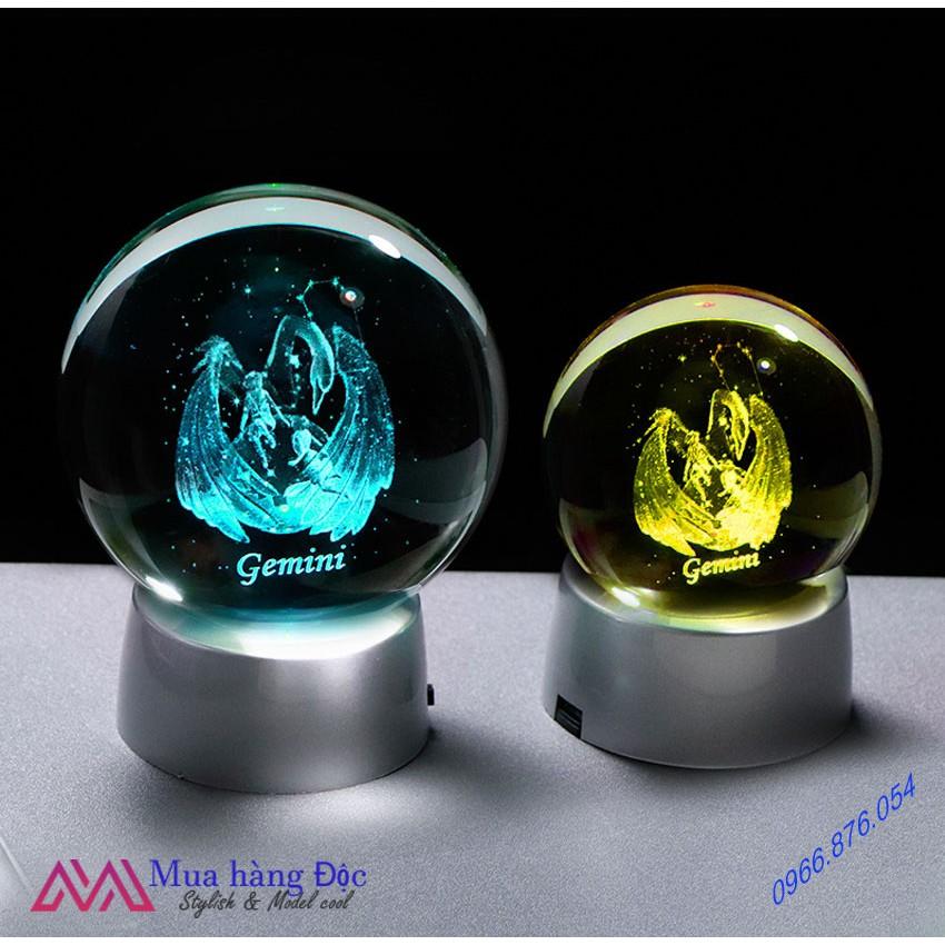 Quà Tặng Sinh Nhật   Quả Cầu Pha Lê 3D LED Cung Song Tử (tặng đế đèn + hộp quà)