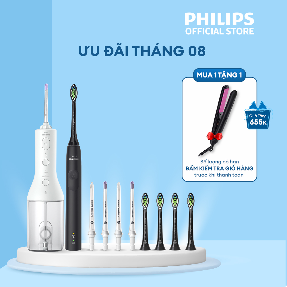 Bộ bàn chải điện Philips HX3671/54 + 4 đầu thay thế HX6064/96 + máy tăm nước HX3806 + 2 đầu thay thế HX3042 + 2 đầu thay thế HX3062