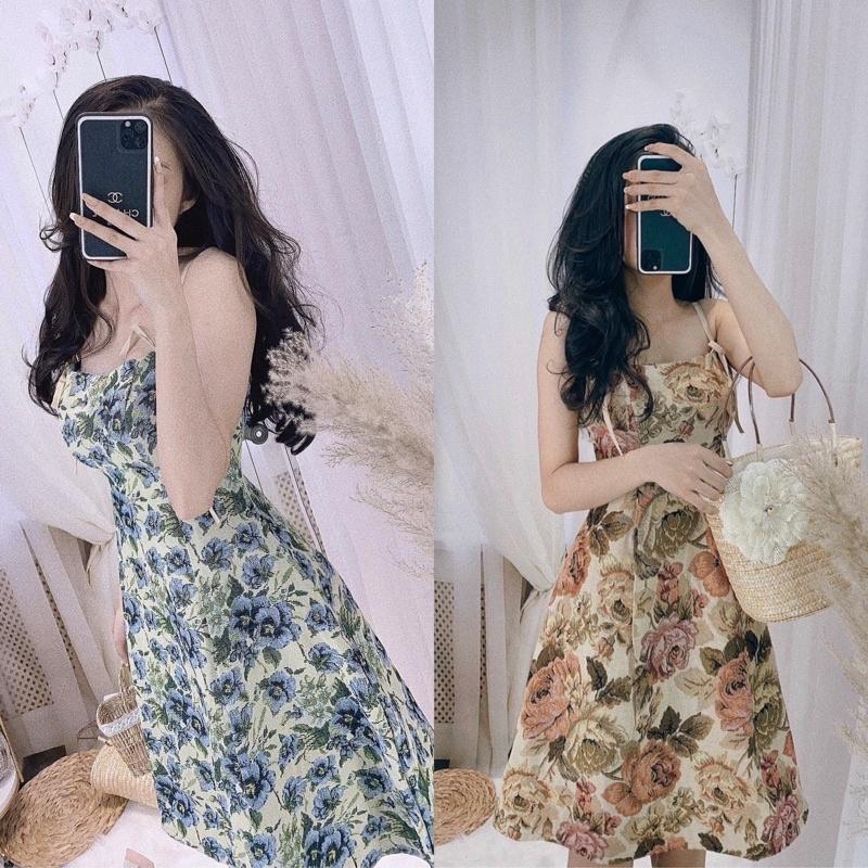 Đầm gấm bố hoa 2 dây phối nơ kèm mút ngực