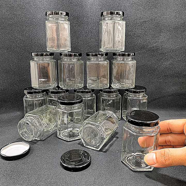 Lọ thủy tinh nhỏ 100ML mẫu lục giác nắp thiếc đen – Hũ chưng yến - Đựng mật ong, yến chưng, dầu dừa, thức uống, sữa chua, thực phẩm, hủ gia vị