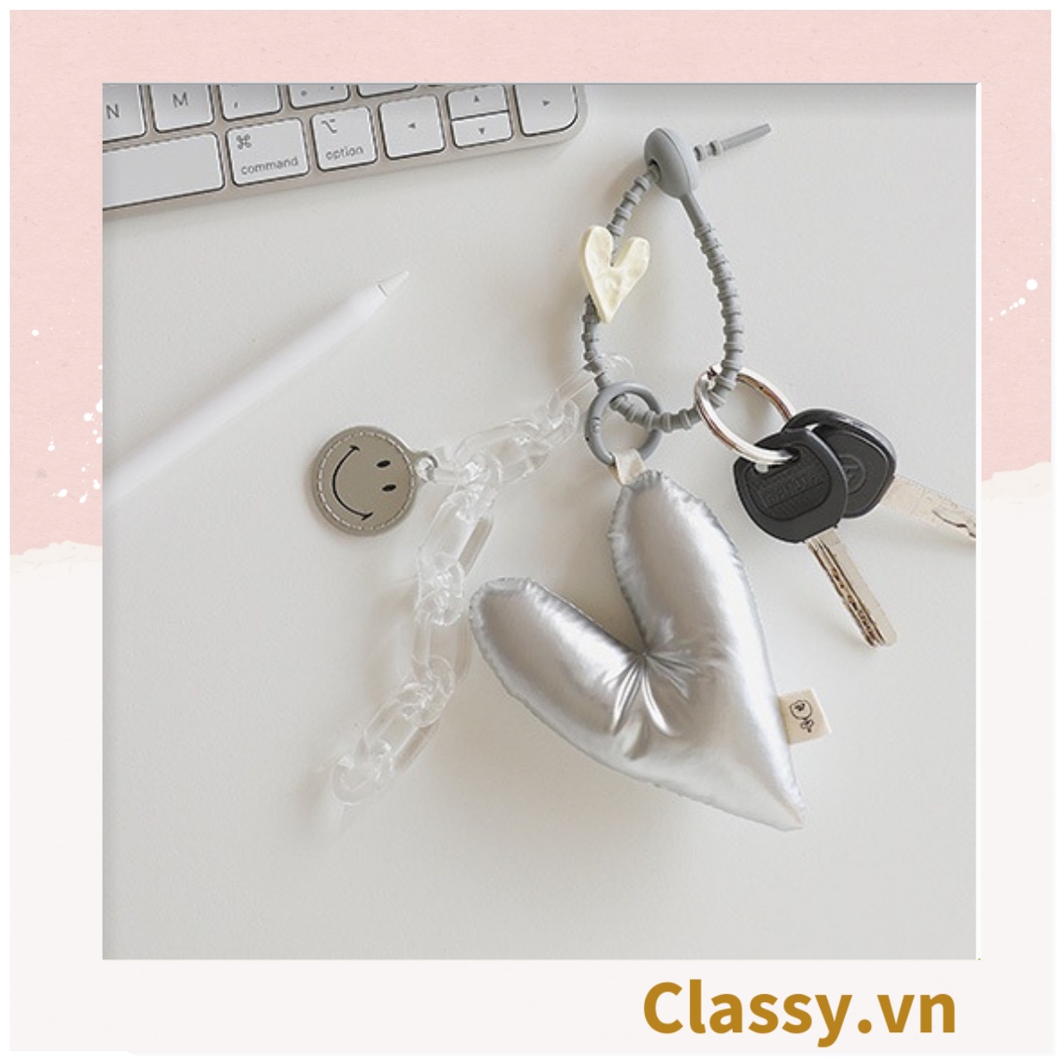 Classy Móc khóa đeo túi, ba lô hình trái tim metalic màu bạc , móc khóa  balo, ví T1766