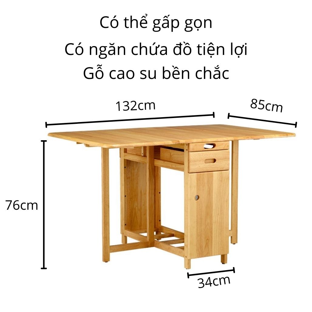 Bàn Ăn Gấp Gọn Thông Minh BAYA BIANCA Chất Liệu Gỗ Cao Su Tự Nhiên Có 2 Hộc Kéo Đựng Dao Nĩa Khăn Ăn 4379