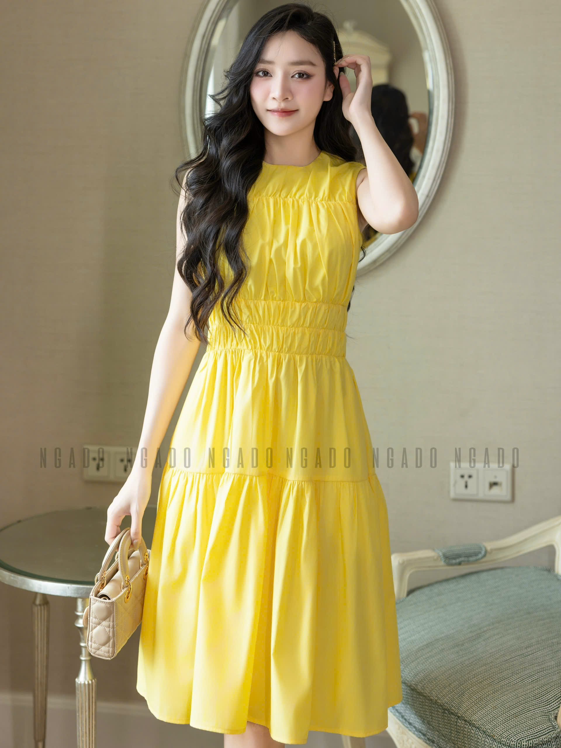 Đầm vàng nhún eo NGADO , đầm dài , đầm sát nách , đầm kiểu Nữ