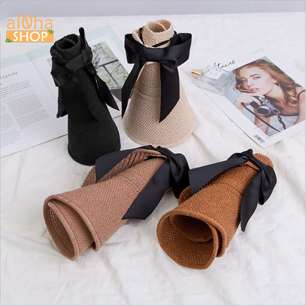 Nón cói vành rộng - Mũ cói mềm hở chóp nơ sau chống nắng, đi biển - al0ha Shop