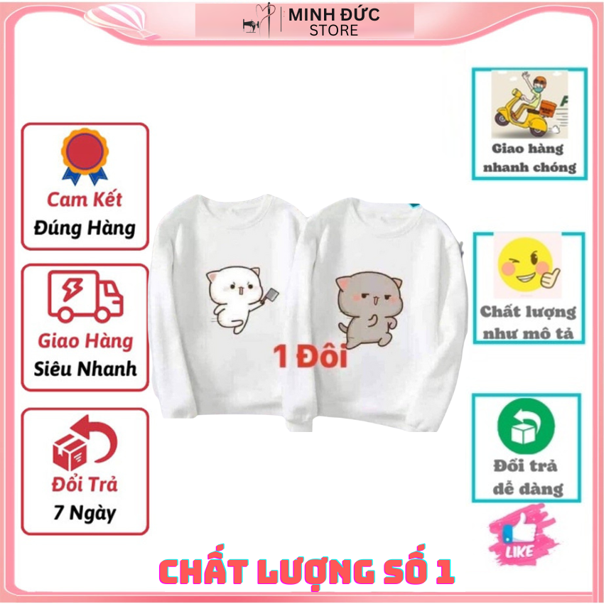 Áo Đôi Sweater Nam Nữ MM10, Áo Đôi Sweater In Mèo Chém ý Nghĩa, Vải Nỉ Bông In Hình Dễ Thương