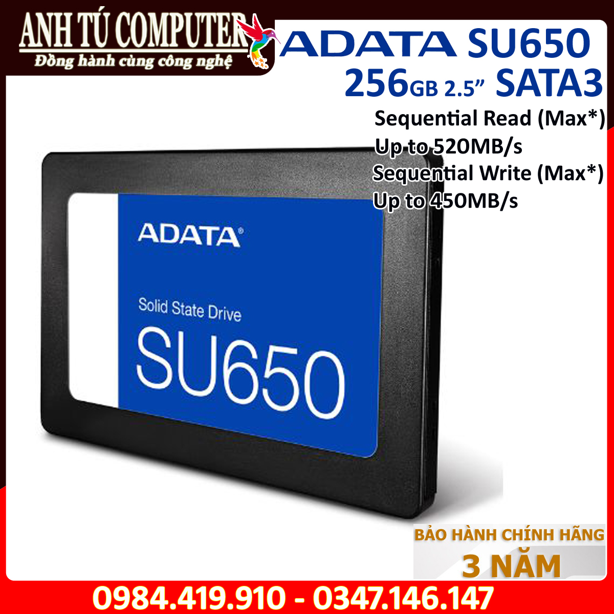 Ổ CỨNG SSD ADATA SU650 256GB 2.5″ Sata III hàng chính hãng