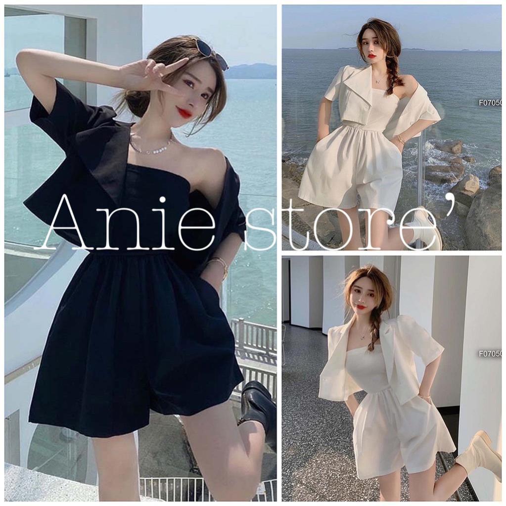 Bộ Jumpsuit Nữ Quần Cộc Áo Vest Đũi Set Trang Phục Nữ Quần Ngắn Áo Quây Kèm Áo Khoác Ngoài 2 Màu