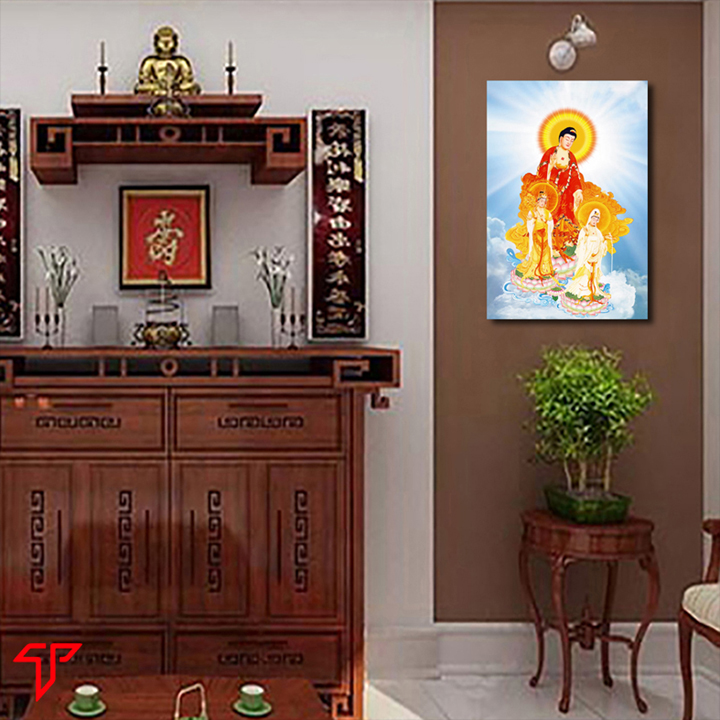 Tranh Phật giáo in gỗ MDF cao cấp treo tường mẫu Phật Tiếp dẫn Tây Phương, Tranh Phật Giáo HPV-103
