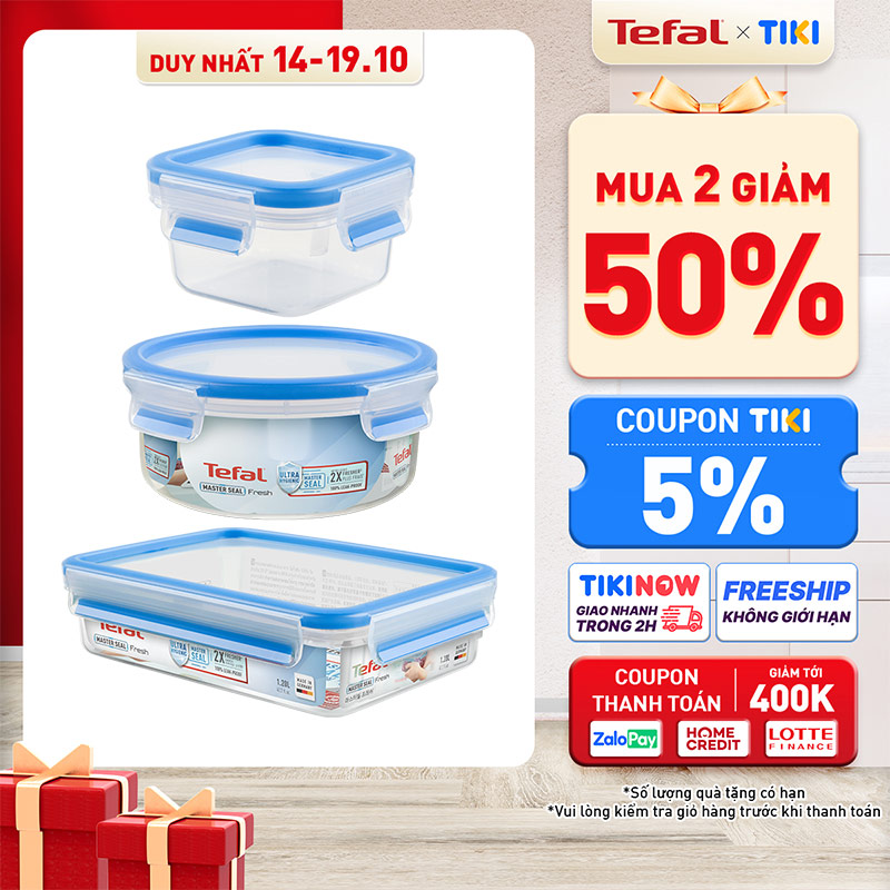 Bộ 3 hộp nhựa tròn, hộp nhựa vuông Tefal Masterseal Fresh 850ml, 0.2L, 1.2L - xanh