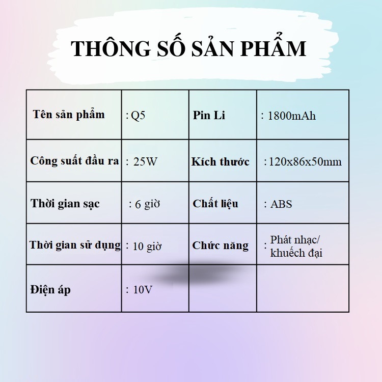 Máy Trợ Giảng Loa Công Suất Cao Q5 - Công Suất Loa 25W - Pin Dung Lượng Cao 1800mAh, Thời Gian Sử Dụng Lên Đến 10 Giờ.