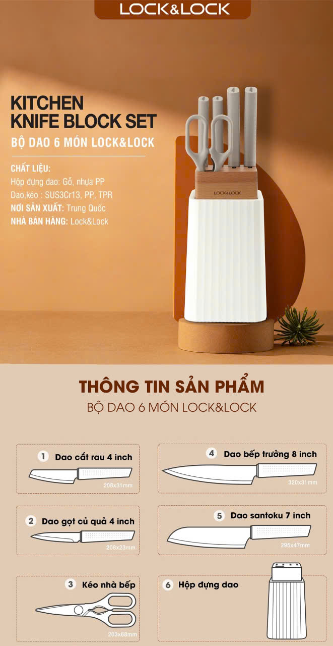 Bộ Dao Nhà Bếp 6 Món kèm Đế Đựng LocknLock CKK802 (hàng chính hãng)