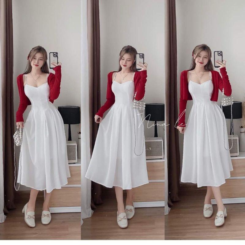 SET ĐẦM XẾP LY 2S VỚI ÁO KHOÁC ĐỎ CROPTOP