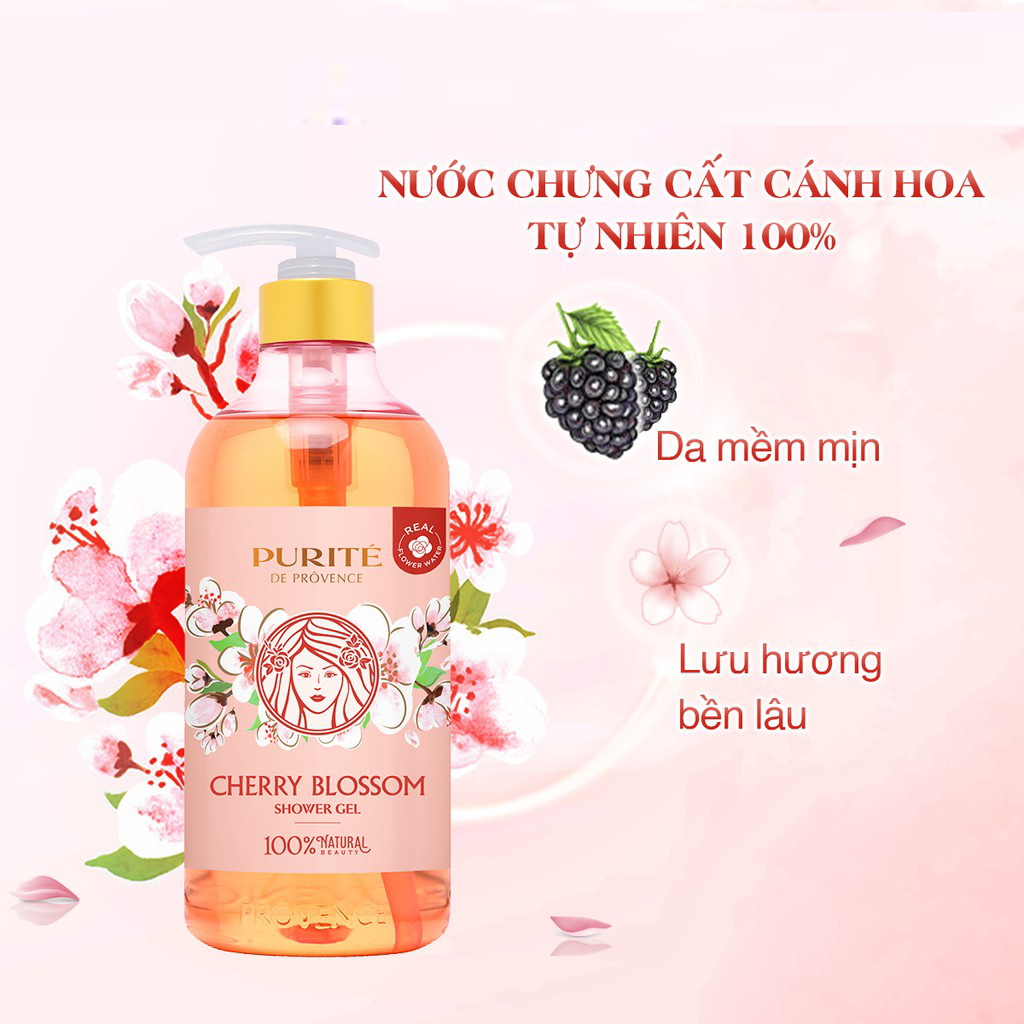 Combo Sữa Tắm Thiên Nhiên Mềm Mịn Hoa Hồng Purité 850ml/chai + Sáng Mịn Hoa Anh Đào 850ml/chai