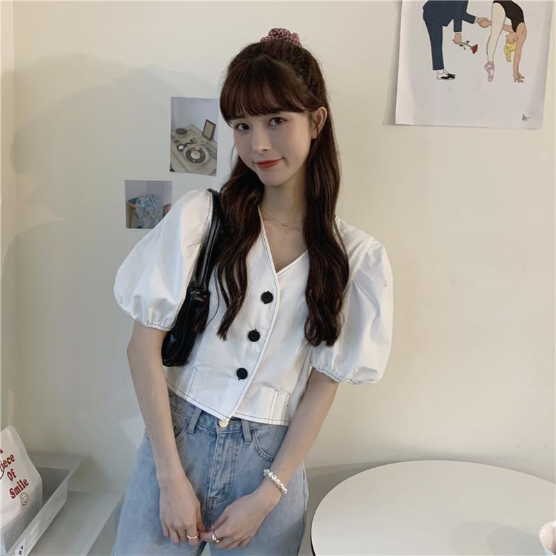 048 - ÁO CROP TRẮNG TAY BỒNG XẾP LI QC