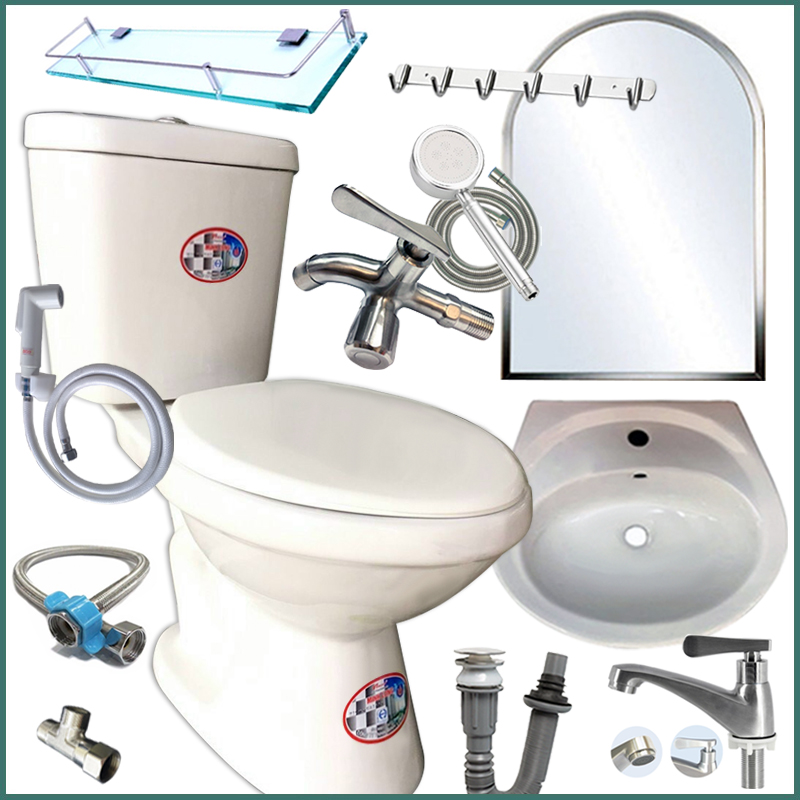 Combo thiết bị nhà tắm GRMT02 10 món: Bồn cầu 2 khối xả nhấn-Lavabo treo tường- Vòi sen tắm lạnh inox 304 tăng áp kèm full bộ phụ kiện nhà tắm sang trọng