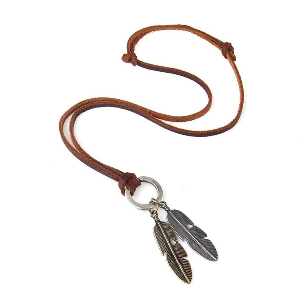 Punk Brown Leather Chain Necklace Double Silver&Gold Leaf Pendant Design