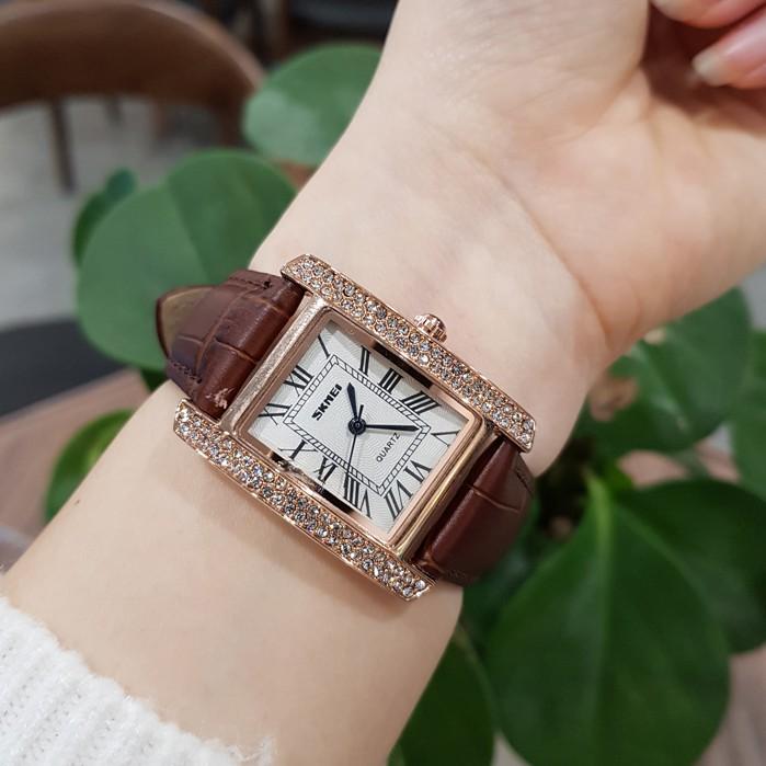 Đồng hồ nữ SKMEI dây da đỏ mặt vuông đính đá chính hãng Tony Watch 68