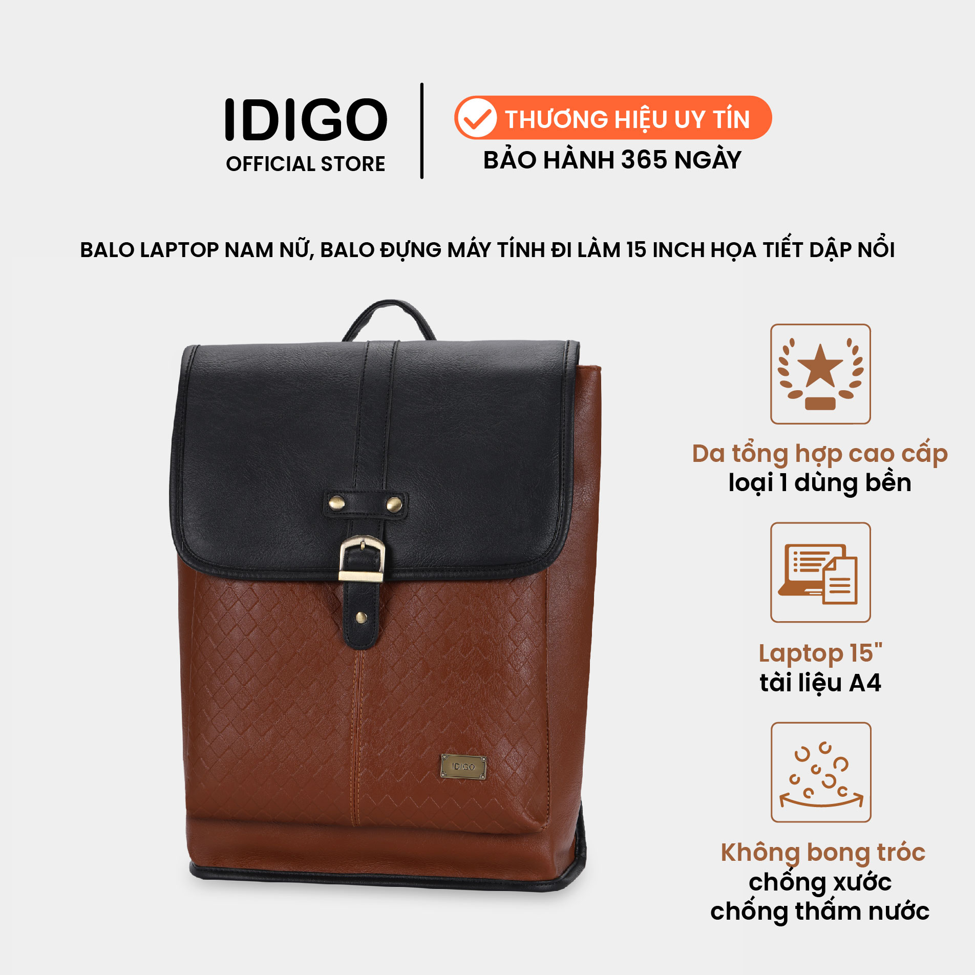 Balo laptop nam nữ 15 inch, ba lô đựng máy tính đi làm 15 inch, họa tiết dập nổi IDIGO UBP2 - 6029