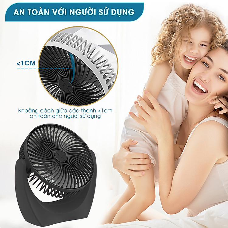 Quạt Tích Điện Mini Pin 10H, 2-3 Tốc Độ Gió Mát, Xoay Linh Hoạt 210 Độ Không Tiếng Ồn
