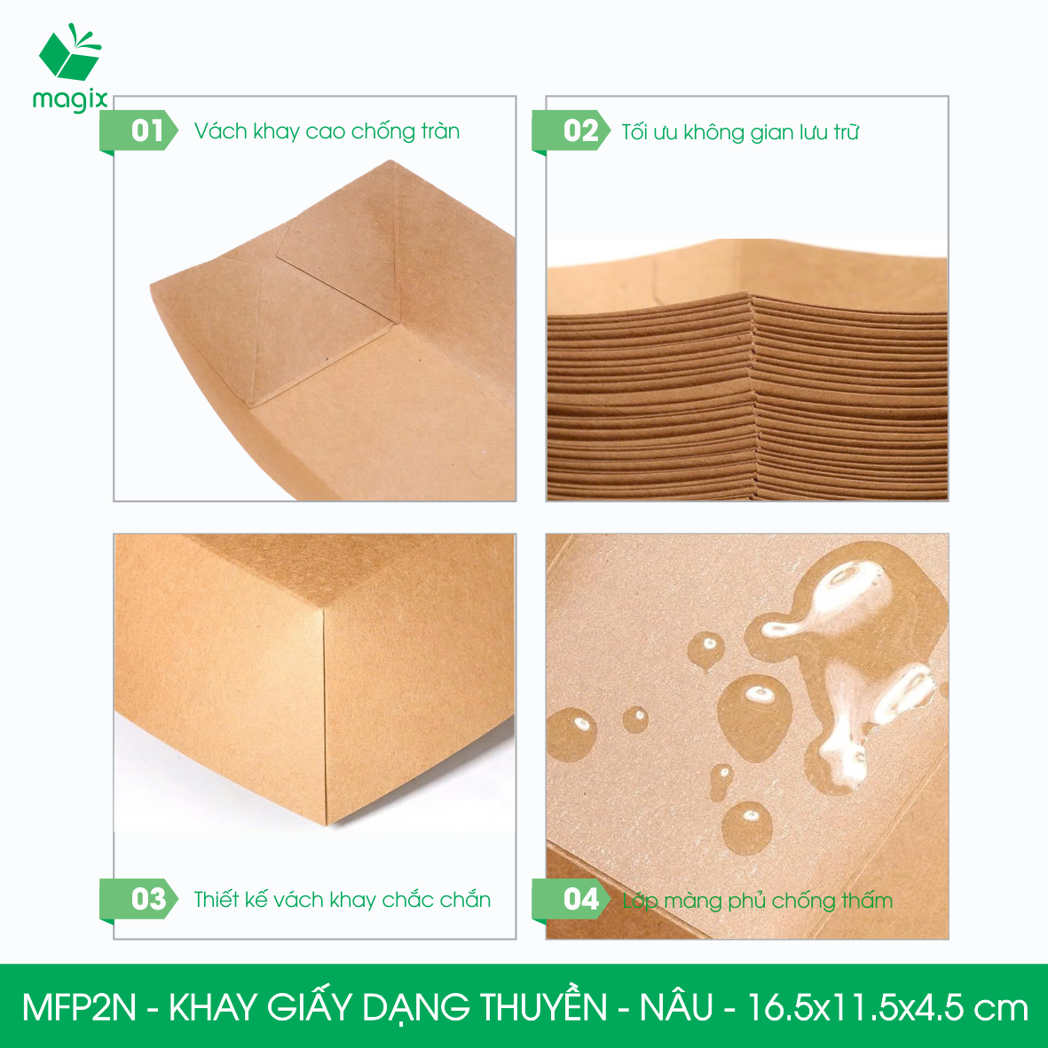 MFP2N - 16.5x11.5x4.5 cm - 25 khay giấy dáng thuyền đựng thức ăn, khay giấy đựng món tráng miệng